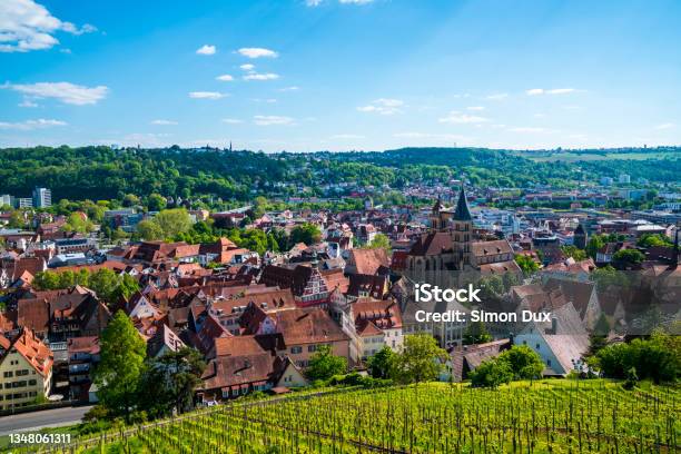 Germany Esslingen Am Neckar City Old Town Houses And St Dionys Church Tower The Famous Skyline Of The Medieval Town Stock Photo - Download Image Now