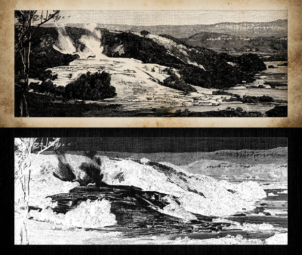 istock Antique engraving illustration: White terrace, Rotomahana, New Zeland 1348062243