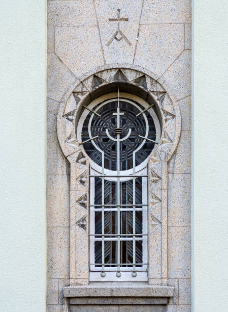 istock Church windows with strange signs 1348063593