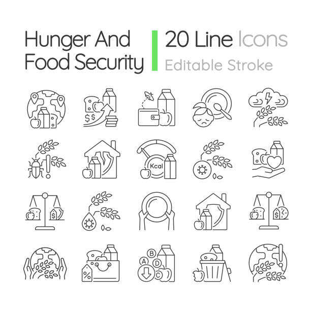 ilustraciones, imágenes clip art, dibujos animados e iconos de stock de conjunto de iconos lineales sobre el hambre y la seguridad alimentaria - malnourished