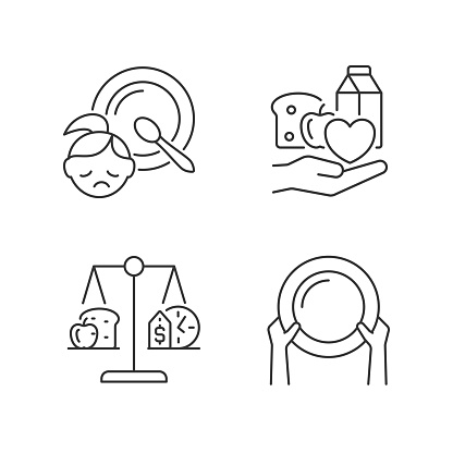 Helping people in need linear icons set. Food donation. Poverty and hunger. Nutrition stability. Customizable thin line contour symbols. Isolated vector outline illustrations. Editable stroke