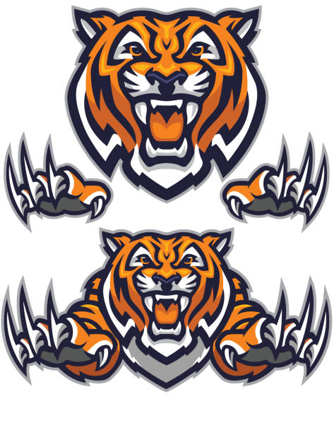 タイガーうなり声 - tiger mascot jumping claw点のイラスト素材／クリップアート素材／マンガ素材／アイコン素材