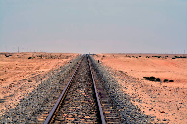 This railway line, swallowed by heat, was photographed in Namibia.