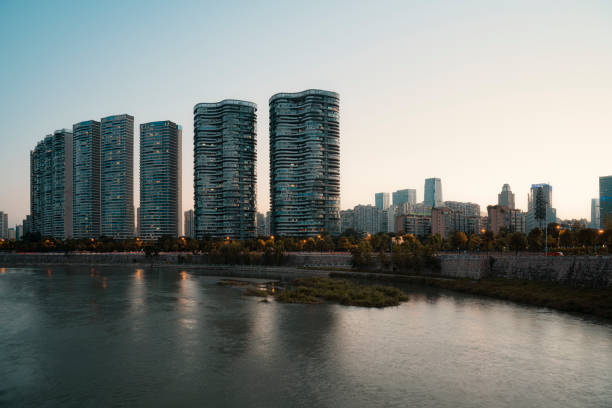Shooting high buildings behind rivers in Chengdu