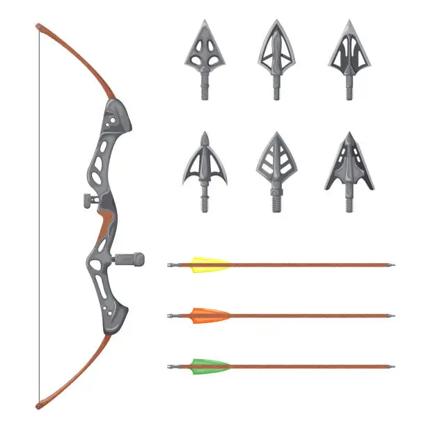Vector illustration of Bow, arrows, and arrowheads, vector elements are isolated on a white background.