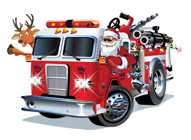 stockillustraties, clipart, cartoons en iconen met cartoon christmas firetruck - brandweer
