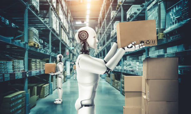 istock Innovative industry robot working in warehouse for human labor replacement 1348070265