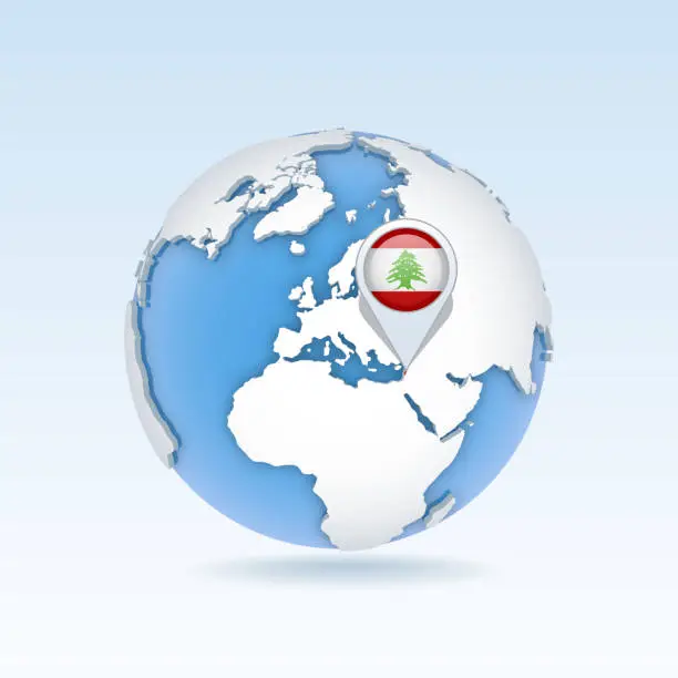 Vector illustration of Lebanon - country map and flag located on globe, world map.