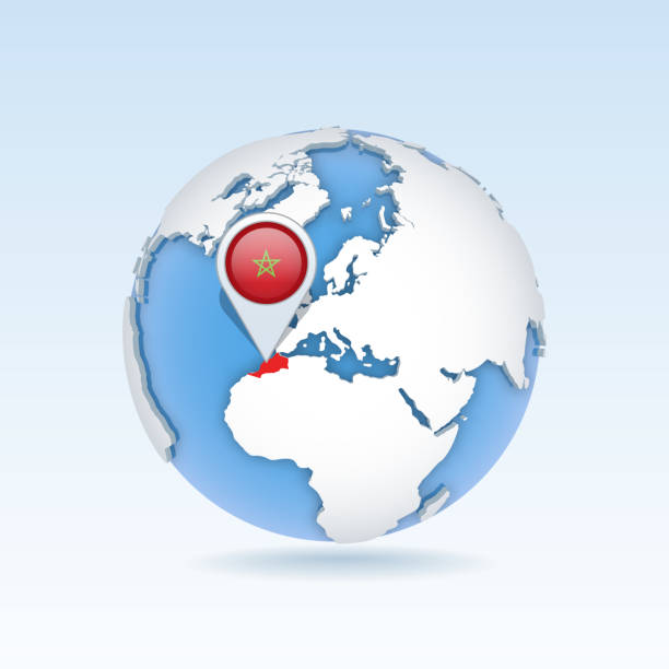 Morocco - country map and flag located on globe, world map. Morocco - country map and flag located on globe, world map. 3D Vector illustration moroccan flag pictures stock illustrations