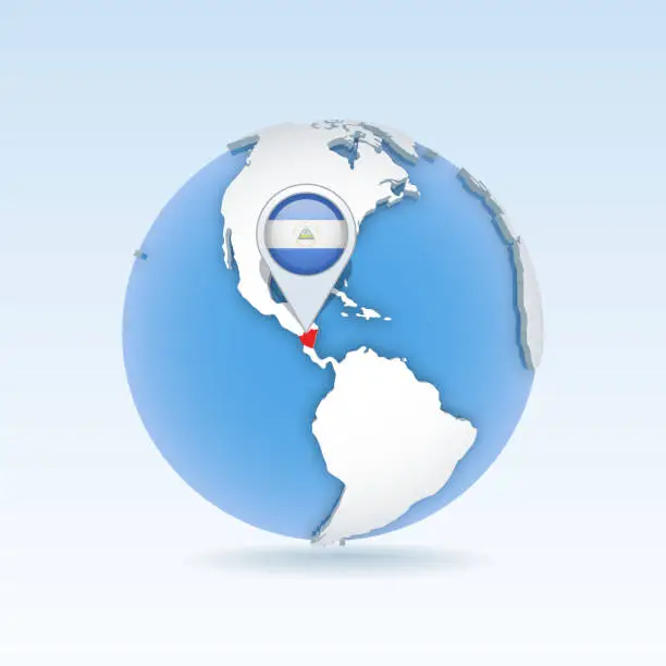Vector illustration of Nicaragua - country map and flag located on globe, world map.