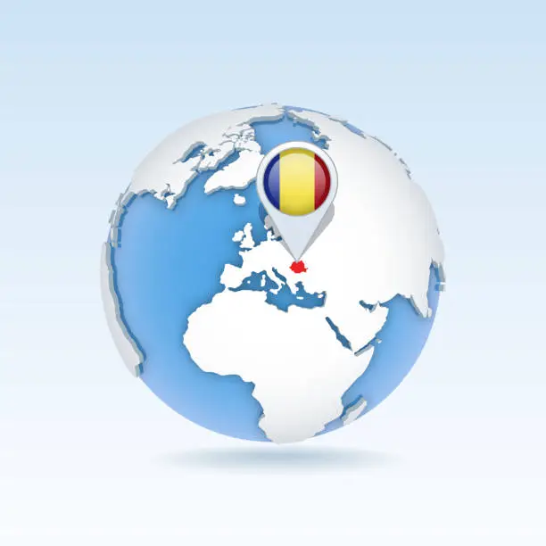 Vector illustration of Romania - country map and flag located on globe, world map.