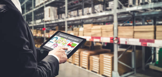 istock Warehouse management innovative software in computer for real time monitoring 1348072058