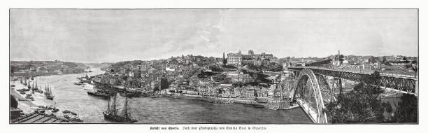 ilustrações de stock, clip art, desenhos animados e ícones de panoramic view of porto, portugal, wood engraving, published in 1897 - douro