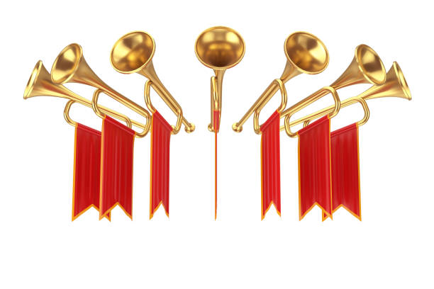 Golden Fanfare Trumpets with Red Flags on a white background. 3d Rendering