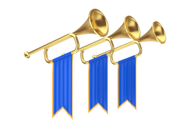 istock Golden Fanfare Trumpets with Blue Flags. 3d Rendering 1348074953