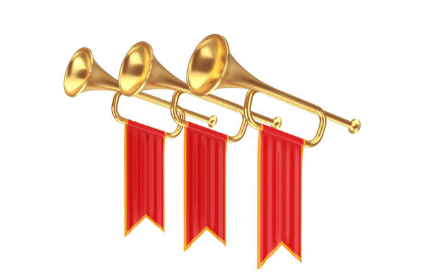 istock Golden Fanfare Trumpets with Red Flags. 3d Rendering 1348074963