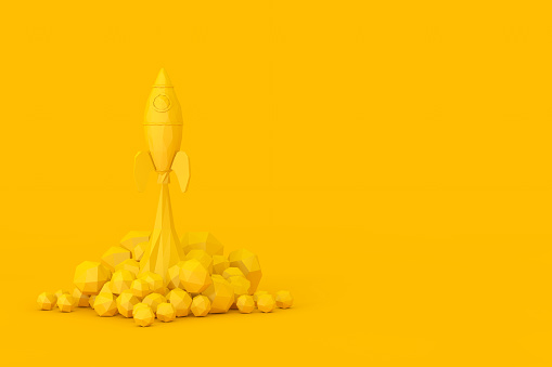 Startup Concept. Yellow Toy Rocket Takes Off Spewing Smoke in Low Poly Style on a yellow background. 3d Rendering