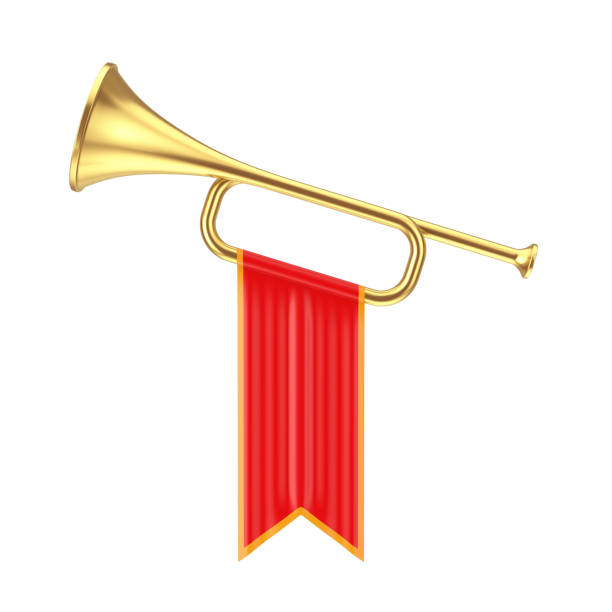 trompette fanfare d’or avec drapeau rouge. rendu 3d - trumpeting photos et images de collection