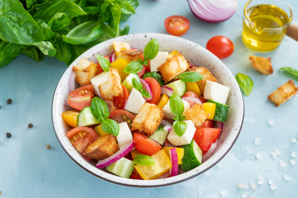 istock Panzanella salad, Italian bread and fresh vegetable salad. Copy space. 1348075482