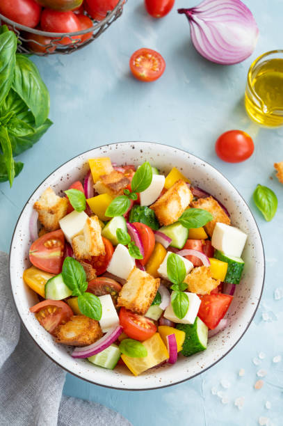 istock Panzanella salad, Italian bread and fresh vegetable salad. Copy space. 1348075486