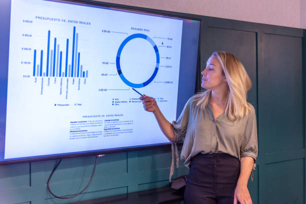 istock Woman showing graphics with her hand on a screen in an office. 1348076078
