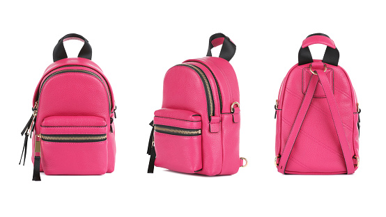 Pink mini backpack on isolated background. Bag front and back view