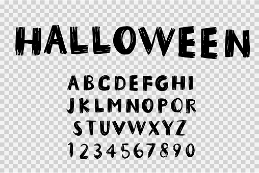 Halloween font with brush style .Hand drawn typography alphabet design isolated on white or transparent background,element template for poster,brochures,online advertising,vector illustration