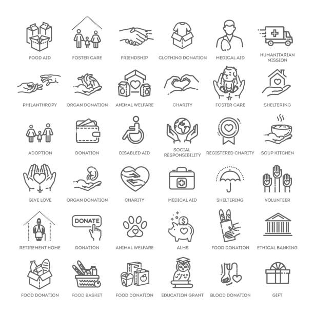 ilustraciones, imágenes clip art, dibujos animados e iconos de stock de conjunto de iconos de línea de caridad. paquete de pictogramas simples - ayudar a otros