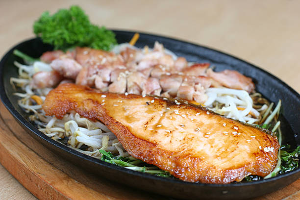 Japanese grilled chicken and fish in terriyaki sauce