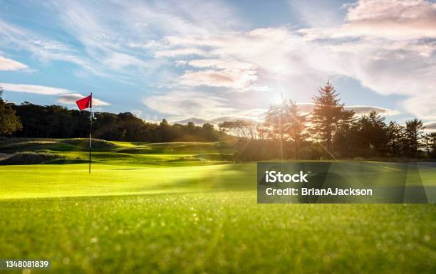 Golf Course Putting Green With Flag At Sunset Stock Photo - Download Image Now - Golf Course, Golf, Golf Tournament