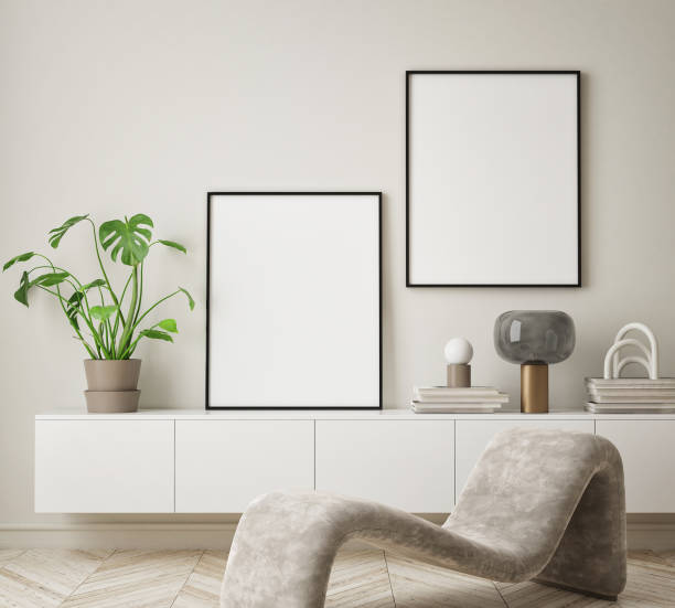 istock mock up poster frame in modern interior background, living room, Scandinavian style, 3D render, 3D illustration 1348083392