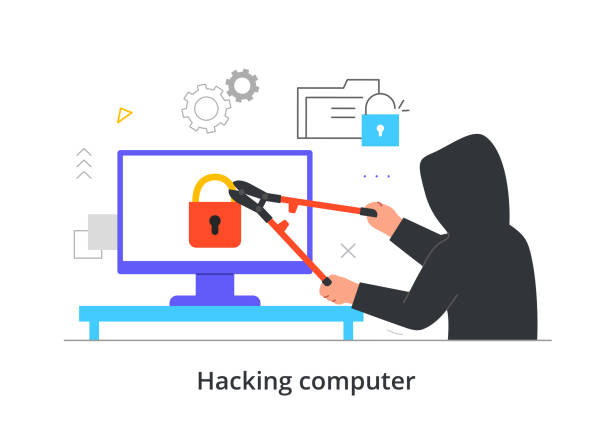 Computer hacking concept Computer hacking concept. Fraudster with tool opens lock on screen of digital device. Theft of data and money. Cyber crime. Cartoon modern flat vector illustration isolated on white background agent nasty stock illustrations