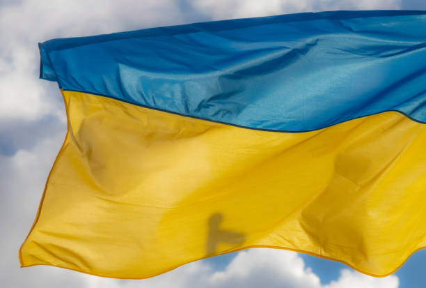 istock Ukraine flag waving on the wind against the blue sky 1348089377