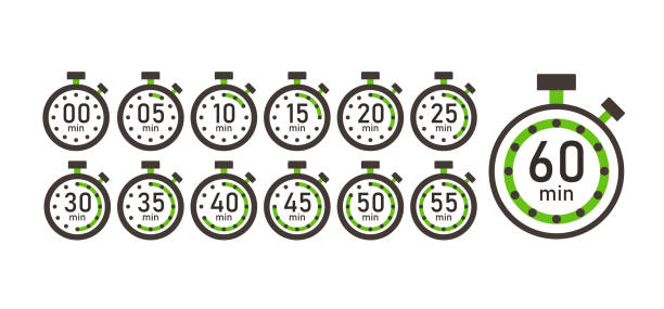 ilustrações, clipart, desenhos animados e ícones de tempo de cozimento, conjunto de ícones do contador de tempo de 5 minutos a 1 hora. ilustração do vetor do relógio do relógio do cronômetro isolada - time minute hand small timer