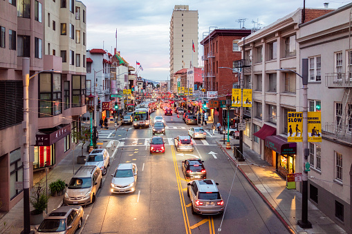 Evening traffic in Chinatown in San Francisco.