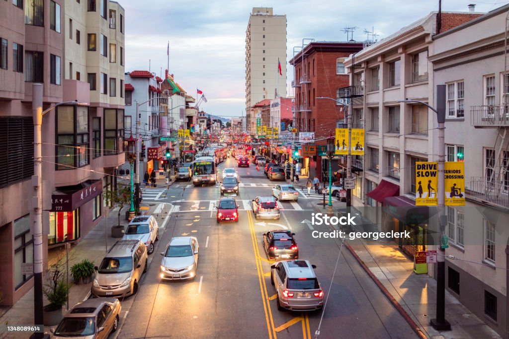 San Francisco city traffic at dusk Evening traffic in Chinatown in San Francisco. San Francisco - California Stock Photo