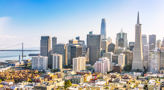 A panoramic view from above San Francisco's financial district on a bright sunny day.