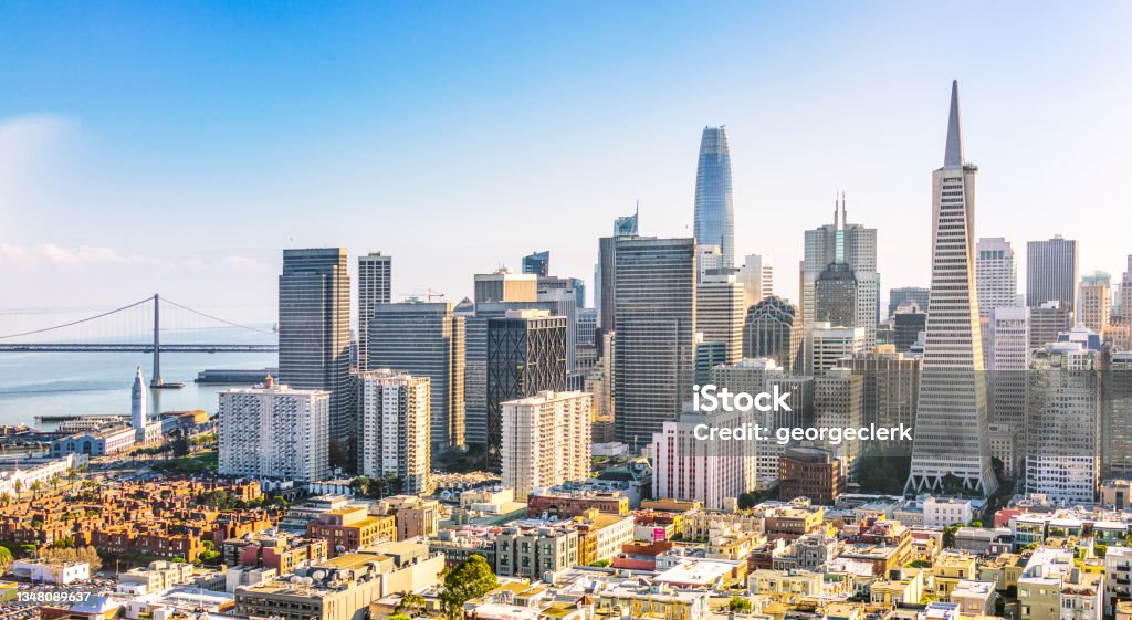 San Francisco Skyline A panoramic view from above San Francisco's financial district on a bright sunny day. San Francisco - California Stock Photo