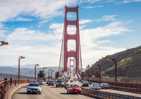 Daytime traffic on the Golden Gate Bridge in California.