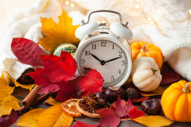 istock Daylight savings and fall time change concept. Autumn composition with retro alarm clock, bright yellow and red leaves, pumpkins, wallnut, cinnamon, anise. Cozy home atmosphere. Close-up 1348089771