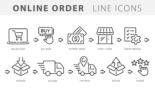 Online Shopping - thin linear vector icon set. Pixel perfect. The set contains icons such as Shopping, E-Commerce, Store, Discount, Shopping Cart, Delivering, Wallet, Courier and so on
