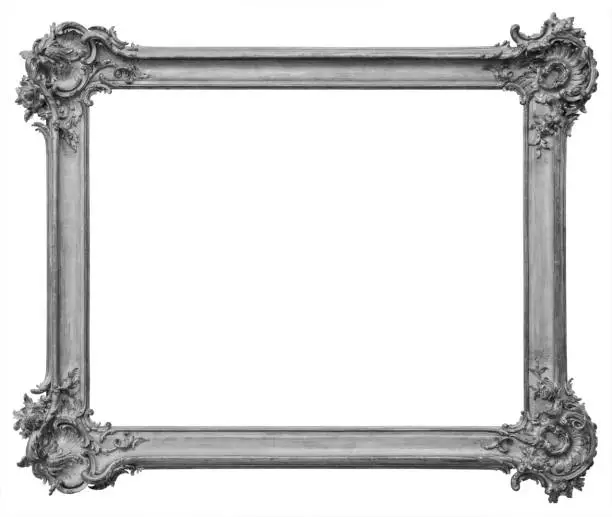 Beautiful rectangular vintage wooden old silver-plated, silver frame, isolated on white background