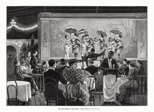 illustrazioni stock, clip art, cartoni animati e icone di tendenza di un teatro estivo a new york, incisione su legno, pubblicato nel 1897 - women african descent old american culture