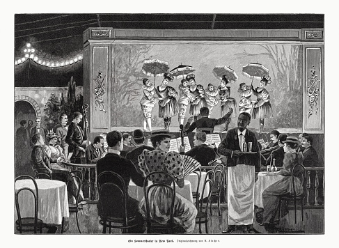 A summer theater in New York. Nostalgic scene from the end of the 19th century. Wood engraving after a drawing by Alexander Kircher (German-Austrian painter, 1867 - 1939), published in 1897.