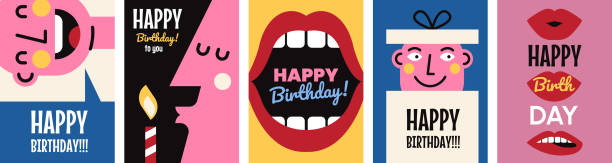 Happy Birthday poster set Happy Birthday poster set. Colorful templates with funny characters, gifts, candle and lips. Retro design elements for greeting cards. Cartoon flat vector collection isolated on white background happy birthday typography stock illustrations