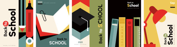 stockillustraties, clipart, cartoons en iconen met back to school posters set - universiteit