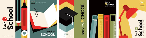 Back to school posters set Back to school posters set. Colorful templates with pencil, book, graduation hat and lantern. Design elements for covers, social networks. Cartoon flat vector collection isolated on white background fun school background stock illustrations