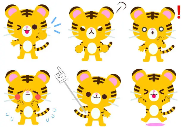 Vector illustration of Tiger facial expression and gesture illustration set