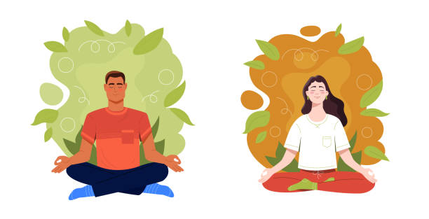 ilustrações, clipart, desenhos animados e ícones de as pessoas meditam conceito - meditating practicing yoga body