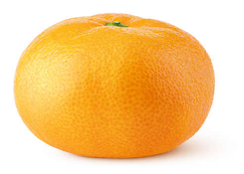 Whole flat tangerine or orange citrus fruit isolated on white background. Full tangerine with clipping path. Full depth of field.